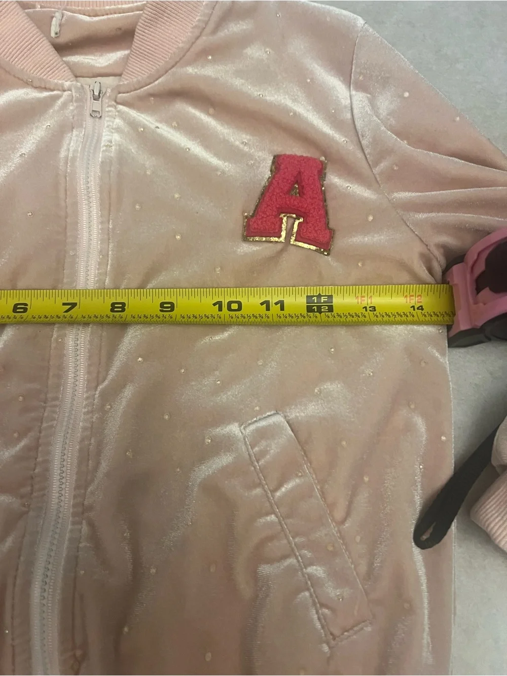 Doe A Dear Girls Blush Pink Velvet Bomber Jacket Size 6 Varsity A Patch